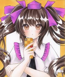  1girl absurdres black_necktie blush border bow brown_hair cellphone collared_shirt commentary_request flip_phone frilled_shirt_collar frills hair_bow hat highres himekaidou_hatate holding holding_phone long_hair looking_at_viewer marker_(medium) necktie outside_border phone puffy_short_sleeves puffy_sleeves purple_bow purple_hat shirt short_sleeves solo tokin_hat touhou traditional_media twintails upper_body yellow_border yuuki_hana_(jtnp5334) 