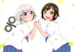  2girls :d android blue_skirt blush braid brown_hair commentary_request creator_connection crossover green_eyes grey_hair grin holding_hands kashiko_mari looking_at_viewer mizupiro mole mole_under_eye multiple_girls necktie open_mouth project_upd8 school_uniform short_hair short_sleeves skirt smile trait_connection violet_eyes virtual_youtuber white_background winding_key yuni_(yuni_channel) yuni_channel 