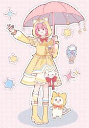  1girl ahoge animal animal_ear_hood animal_ears animal_print ankle_socks asymmetrical_legwear blunt_bangs boots bow bowtie brooch brown_eyes cat cat_ears cat_print chinese_commentary cloak clothed_animal clouds commentary_request dress ear_covers fake_ahoge frilled_sleeves frills full_body grid_background hair_ornament hexagram highres holding holding_umbrella hood hood_up hooded_cloak hooded_dress infinity_nikki jewelry kneehighs long_sleeves medium_dress mismatched_legwear mismatched_socks momo_(nikki) momo_rain_(infinity_nikki) nikki_(nikki) nikki_(series) open_mouth outline outstretched_arm pink_background pink_umbrella pleated_dress print_dress puffy_long_sleeves puffy_sleeves red_bow red_bowtie rubber_boots shadow shanfengzhu single_kneehigh single_sock smile socks solid_oval_eyes sparkle standing star_(symbol) star_hair_ornament striped_clothes striped_socks traditional_bowtie umbrella white_cat white_outline white_socks yellow_boots yellow_cloak yellow_dress 