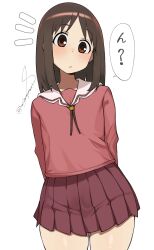  1girl arms_behind_back artist_name azumanga_daioh azumanga_daioh's_school_uniform blush brown_eyes brown_hair commentary_request harutoyumaarts highres kasuga_ayumu long_hair long_sleeves pink_shirt pleated_skirt sailor_collar school_uniform serafuku shirt skirt speech_bubble thighs 