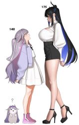 2girls :d ? alternate_costume arichuu_u asymmetrical_horns black_hair black_shoes black_shorts blue_hair boots breast_size_difference breasts colored_inner_hair commentary english_commentary flower from_side full_body gradient_hair height_difference high-waist_shorts high_heels highres hololive hololive_english horn_flower horns jacket koseki_bijou large_breasts long_hair long_sleeves looking_at_viewer multicolored_hair multiple_girls nerissa_ravencroft open_mouth pink_boots puffy_long_sleeves puffy_sleeves purple_hair purple_jacket shirt shoes short_shorts shorts sidelocks simple_background skirt smile standing uneven_horns very_long_hair violet_eyes virtual_youtuber white_background white_shirt white_skirt 