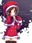  black_legwear blush brown_hair christmas dress emily_(artist) emily_(pure_dream) emily_(sstomomi) glasses gloves hat original red_eyes santa_claus santa_costume santa_hat solo thigh-highs thighhighs zettai_ryouiki 