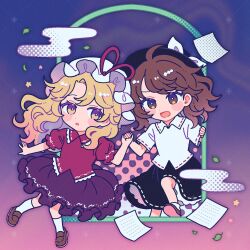  2girls black_hat black_skirt blonde_hair blush bow brown_eyes brown_hair brown_shoes chibi chibi_only commentary_request duplicate egasumi full_body hat hat_bow highres holding_hands kneehighs leaf loafers long_hair maribel_hearn mob_cap mozukuzu_(manukedori) multiple_girls open_mouth pages pink_shirt purple_background purple_skirt ribbon-trimmed_shirt ribbon-trimmed_skirt ribbon-trimmed_sleeves ribbon_trim shirt shoes short_sleeves skirt smile socks star_(symbol) taboo_japan_disentanglement touhou usami_renko white_bow white_hat white_shirt white_socks yellow_eyes 