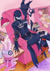  1boy 2girls angewomon applying_manicure belt blonde_hair blue_skin carpet chain chain_around_arm claws colored_skin commentary cosmetics couch covered_eyes crossed_legs cutemon digimoji digimon digimon_(creature) english_commentary gloves hair_salon helmet helmet_over_eyes highres ladydevimon lamp laughing long_hair marlindotzip multiple_girls nail_polish nail_polish_bottle open_mouth painting_fingernails red_eyes smile stitched_mouth stitches table torn_wings white_hair winged_helmet wings wooden_floor 