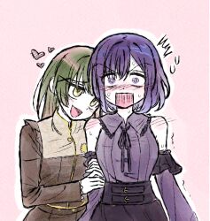  2girls akiha_school_uniform arm_hug aroused bang_dream! bang_dream!_yumemita black_corset black_dress black_hair blush bob_cut commentary_request corset detached_sleeves dress frilled_dress frills fuji_miyako fuji_miyako_(real) green_hair hair_bun hair_ornament hairclip holding_another's_arm hug korean_commentary long_sleeves looking_at_viewer mole mole_under_mouth multiple_girls one_side_up open_mouth purple_hair s0y0ring school_uniform simple_background single_side_bun smile sweat underbust viola_(bang_dream!) violet_eyes x_hair_ornament yuri 