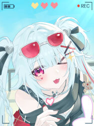  >_o 1girl absurdres beret black_nails black_shirt blush closed_eyes eyewear_on_head hat heart highres honkai:_star_rail honkai_(series) multicolored_hair one_eye_closed open_mouth pink_eyes red-framed_eyewear red_hair red_nails shirt smile solo sparkle_(honkai:_star_rail) sparxie_(honkai:_star_rail) twintails w-baiye white_hair 