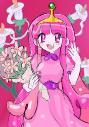  1girl absurdres adventure_time animification barefoot blush colored_skin commentary_request crown dress earrings flower highres jewelry long_hair pink_eyes pink_hair pink_skin prince princess princess_bonnibel_bubblegum rakugaki_shitagari-ya smile tiara very_long_hair 