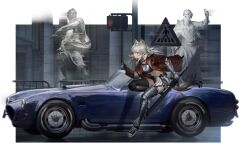  1girl absurdres animal_ears armor asymmetrical_legwear black_pants black_shoes black_thighhighs blue_car border breastplate brown_jacket car check_copyright commentary_request copyright_request cuisses full_body gauntlets greaves grey_hair grey_pants highres holding holding_sword holding_weapon jacket kulianrentizhong long_hair looking_ahead midriff mismatched_legwear motor_vehicle multicolored_pants multicolored_shoes open_clothes open_jacket original outdoors pants poleyn road_sign shoes sign single_thighhigh solo statue sword thigh-highs two-tone_pants two-tone_shoes uneven_legwear weapon white_border white_shoes yellow_eyes 