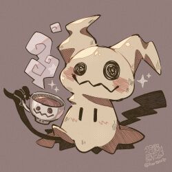  black_eyes claws commentary_request cup disguise drawn_eyes grey_background hartan looking_at_viewer mimikyu no_humans pokemon pokemon_(creature) pokemon_focus sparkle teacup 