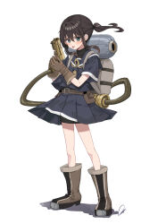  1girl :d bike_shorts black_shorts blue_eyes blue_sailor_collar blue_serafuku blue_shirt blue_skirt blush boots brown_boots brown_gloves brown_hair floating_hair full_body gloves gun hair_between_eyes highres holding holding_gun holding_weapon long_hair original piripun pleated_skirt ponytail sailor_collar school_uniform serafuku shadow shirt short_sleeves shorts shorts_under_skirt signature simple_background skirt smile solo standing weapon white_background 
