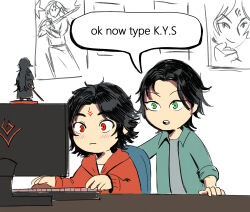  :o :| black_hair blush casual chair chibi chibi_only closed_mouth computer_keyboard contemporary curtained_hair english_text figure green_eyes green_shirt grey_shirt highres hood hoodie indoors long_sleeves looking_at_screen luo_binghe manonnym117 meme monitor no_nose office_chair official_alternate_costume official_alternate_hairstyle ok_now_type_kill_yourself_loser_(meme) on_chair parted_bangs poster_(object) red_eyes red_hoodie shen_qingqiu shirt shirt_under_shirt short_hair sitting speech_bubble swivel_chair table teeth the_scum_villain's_self-saving_system typing upper_teeth_only wide-eyed zuiyin 