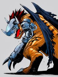  absurdres armor blue_eyes breastplate clawed_feet claws commentary cyborg digimon digimon_(creature) digimon_focus english_commentary fake_horns helmet highres horned_helmet horns mechanical_arms metalgreymon no_humans open_mouth red_hair sharp_teeth single_mechanical_arm solo teeth torn_wings wings yashiro_manabu 