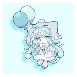  1girl animal_ears bag balloon beanie blue_background blue_hair blush_stickers bow cat_ears cat_tail chibi closed_mouth commentary_request dress drop_shadow fake_animal_ears full_body fur-trimmed_dress fur_trim grey_dress grey_eyes grey_hat grey_shoes hat highres holding holding_balloon long_hair long_sleeves loose_socks nakkar original polka_dot polka_dot_background puffy_long_sleeves puffy_sleeves ribbed_socks shoes shoulder_bag sleeves_past_wrists socks solo striped_bow striped_clothes striped_dress tail twitter_username vertical-striped_clothes vertical-striped_dress very_long_hair white_bow white_socks 