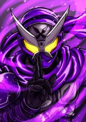  1boy armor black_gloves commentary_request gloves glowing glowing_eyes helmet highres kamen_rider kamen_rider_shinobi kamen_rider_zi-o_(series) kuji-in ninja purple_armor purple_helmet purple_scarf scarf shuriken solo tokusatsu u6_logi upper_body weapon yellow_eyes 