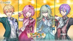  2boys 2girls :d aqua_gem aqua_skirt aqua_streaks arm_up artist_name asymmetrical_sidelocks belt black_jacket blonde_hair blue_bow blue_bowtie blue_gem blue_hat blue_jacket blue_skirt blue_trim blunt_bangs bob_cut bow bowtie breasts buttons column_lineup commentary_request company_name copyright_notice cropped_jacket cross-laced_jacket double-parted_bangs earrings english_text frilled_hat frills gem gloves gradient_hair green_gem green_hair green_jacket green_pants grey_bow grey_bowtie grey_trim group_name guest_art hair_between_eyes hair_flaps half_gloves hand_on_own_chest hand_up hat index_finger_raised jacket jewelry kamishiro_rui koujisako kusanagi_nene lapels lens_flare light_blush lineup long_hair long_sleeves looking_at_viewer low-tied_sidelocks mini_hat multicolored_hair multicolored_jacket multiple_boys multiple_girls notched_lapels official_alternate_costume official_art ootori_emu open_clothes open_jacket open_mouth orange_background orange_eyes orange_gem orange_hair pants pearl pink_bow pink_bowtie pink_eyes pink_gloves pink_hair pink_hat pink_jacket pink_shirt pink_skirt project_sekai purple_gem purple_hair red_gem red_jacket red_shirt red_trim second-party_source shirt short_hair sidelocks single_earring skirt small_breasts smile streaked_hair swept_bangs tenma_tsukasa two-tone_jacket two-tone_skirt upper_body v-shaped_eyebrows violet_eyes white_belt white_bow white_bowtie white_gloves white_jacket white_shirt wonderlands_x_showtime_(project_sekai) yellow_eyes 