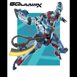  character_name commentary english_commentary glowing glowing_eyes glowing_hot gquuuuuux green_eyes gundam gundam_gquuuuuux heat_hawk highres js_71535 lens_flare logo mecha mecha_focus mobile_suit no_humans robot science_fiction title v-fin zeon 