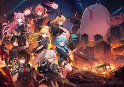  6+girls ahoge animal_ears black_hair black_shirt black_skirt blonde_hair blue_hair braid breasts brown_hair chest_harness commentary_request demon_girl demon_horns demon_wings flat_chest fubuzilla_(shirakami_fubuki) grey_hair gun hakui_koyori harness hatotaurus_(ookami_mio) holding holding_gun holding_radio holding_weapon hololive hololive_dev_is horns large_breasts lion_ears lion_girl lion_tail long_hair looking_at_viewer low_twin_braids mechanical_arms miniskirt mizumiya_su multicolored_hair multiple_girls necktie official_art okanyan_(nekomata_okayu) ookami_mio outdoors pencil_skirt pink_hair pink_streaks pointy_ears ponytail red_streaks roboco-san sakura_miko sheep_girl sheep_horns shirt shirt_tucked_in shishiro_botan short_hair short_sleeves skirt streaked_hair tail tokisaka_makoto tsunomaki_watame twin_braids two_side_up very_long_hair violet_eyes virtual_youtuber weapon wings wolf_ears wolf_girl yuzuki_choco 