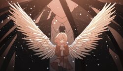  1boy 1girl absurdres angel_wings black_hair black_jacket black_necktie black_thighhighs brown_hair brown_jacket brown_skirt closed_eyes clothes_lift collared_shirt commentary_request danganronpa_(series) danganronpa_3_(anime) faceless faceless_male facing_viewer hair_between_eyes highres hope's_peak_academy_school_uniform jacket kamukura_izuru korean_commentary light_particles long_hair long_sleeves medium_hair messy_hair nanami_chiaki necktie no_hair_ornament open_clothes open_jacket own_hands_clasped own_hands_together pleated_skirt school_uniform shirt skirt skirt_lift thigh-highs upper_body white_shirt wings yobiglskxk 