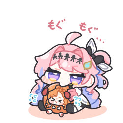  >_< 2girls ahoge black_hairband chibi chibi_only commentary_request denia_(wuthering_waves) dress flying_sweatdrops hair_intakes hair_ornament hairband highres long_hair multiple_girls orange_hair pink_hair sigrika_(wuthering_waves) simple_background sitting syurikenmaru translation_request violet_eyes white_background wuthering_waves 