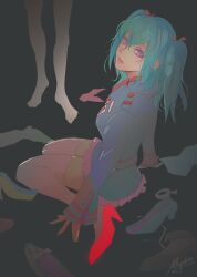  1girl artist_name bare_legs barefoot black_background black_jacket black_order_uniform buttons collared_jacket colored_eyelashes d.gray-man earrings full_body green_hair hair_between_eyes hair_ribbon hand_on_ground high_collar high_heels indian_style jacket jewelry legs lenalee_lee lips long_hair long_sleeves looking_at_viewer looking_back military military_uniform miniskirt miyukiko pink_skirt pink_thighhighs pleated_skirt red_lips red_ribbon red_shoes ribbon shoes sidelocks signature sitting skirt solo striped_clothes striped_jacket stud_earrings thigh-highs thighs twintails twitter_username unworn_shoes vertical-striped_clothes vertical-striped_jacket violet_eyes zettai_ryouiki 