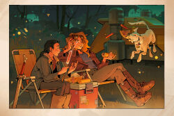  2girls absurdres animal_ears black_hair black_jacket black_pants blonde_hair blue_shirt brown_coat coat commentary crossed_legs dc_comics dog dog_ears dog_tail eating english_commentary eyewear_on_head highres hot_dog hot_dog_bun jacket krypto_the_superdog long_hair multiple_girls one_eye_closed open_clothes open_coat open_jacket pants red_shirt ruthye_marye_knoll shirt sitting spacecraft sunglasses supergirl supergirl_(2026) superman_(series) sword tail vickychendraws weapon white_fur 