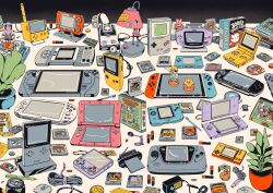  battery bottle_cap bubble_bobble cable can coin copyright_request drink_can figure game_boy game_boy_advance game_cartridge handheld_game_console highres kirby's_dream_land kirby_(series) lamp nintendo nintendo_3ds nintendo_ds nintendo_ds_card nintendo_switch no_humans paperclip parody pen plant playstation_portable potted_plant screw sega sega_game_gear soda_can stephen_maurice_graham stylus third-party_source 