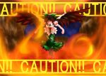  bow breasts cape fire hair_bow highres long_hair qbthgry red_eyes reiuji_utsuho solo touhou wings 