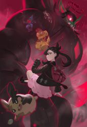  1girl absurdres bag black_boots black_hair black_jacket boots commentary dress dynamax ear_piercing english_commentary floating_hair gigantamax gigantamax_grimmsnarl grimmsnarl highres jacket jeredxd liepard looking_at_viewer marnie_(pokemon) midair morpeko morpeko_(full) piercing pink_dress pokemon pokemon_(creature) pokemon_sword_and_shield red_bag scrafty smile toxicroak undercut 