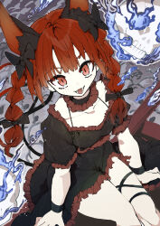  1girl absurdres animal_ear_fluff animal_ears black_bow black_dress blush bow braid breasts cat_ears cat_tail commentary_request dress extra_ears fire flaming_skull frilled_dress frilled_sleeves frills hair_bow highres kaenbyou_rin kuromaru_ira leg_ribbon looking_at_viewer multiple_hair_bows multiple_tails nekomata open_mouth puffy_short_sleeves puffy_sleeves red_eyes red_hair ribbon short_sleeves skull small_breasts smile solo tail thigh_ribbon touhou twin_braids two_tails 