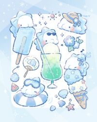  black_eyes bug closed_eyes cocktail_glass cup drinking_glass drinking_straw food fruit goggles hat highres ice_cream ice_cream_cone ice_type_theme_(pokemon) larva no_humans pokemon pokemon_(creature) pokemon_focus popsicle seashell shell snom snowflakes solid_circle_eyes starfish sun_hat sunglasses temariame14 watermelon watermelon_slice 
