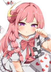  1girl :t ace_(playing_card) ace_of_hearts amami_akari blurry blush bow bowtie braid card closed_mouth commentary_request crescent crescent_hair_ornament depth_of_field dress floating_card frills hair_bun hair_ornament hairclip hand_up heart highres lens_flare long_hair looking_at_viewer original pink_bow pink_bowtie pink_hair playing_card pout red_bow short_sleeves side_braid sidelocks simple_background single_braid single_hair_bun single_side_bun solo tearing_up tears upper_body violet_eyes white_background wrist_cuffs 