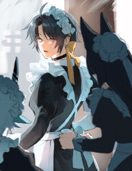  1boy 2girls absurdres ahoge alternate_costume animal_ears apron asaba_harumasa black_choker black_dress black_hair blue_horns blue_oni blue_skin blunt_bangs blurry blush choker colored_skin commentary_request crossdressing crossdressing_(mtf) depth_of_field dress dressing_another ear_piercing earrings enmaided fang fox_ears fox_girl frilled_apron frills hhhye_tw highres horns hoshimi_miyabi jewelry juliet_sleeves long_hair long_sleeves looking_back maid maid_apron maid_day maid_headdress male_maid multicolored_horns multiple_girls oni parted_bangs piercing puffy_sleeves ribbon skin-covered_horns soukaku_(zenless_zone_zero) sweat two-tone_horns white_apron white_hair wrist_cuffs yellow_eyes yellow_ribbon zenless_zone_zero 