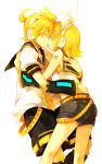  brother_and_sister closed_eyes hair_ornament hair_ribbon hairclip headphones hug incest kagamine_len kagamine_rin kiss nose_touching ribbon short_hair shorts siblings simple_background smile twincest twins vocaloid yukkii 
