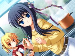  2girls belt black_hair black_ribbon blonde_hair blue_eyes brown_belt chopsticks closed_mouth clover_point collarbone cooking_pot dutch_angle floral_print game_asset hair_bun hair_ornament hair_ribbon half_updo hands_up holding holding_chopsticks holding_mixing_bowl indoors jacket kashiwagi_tsukine kitchen long_hair long_sleeves looking_at_viewer multiple_girls multiple_hair_ribbons non-web_source off-shoulder_sweater off_shoulder open_clothes open_jacket pants red_eyes ribbon self-datamine shirt short_hair short_twintails standing steam sweater takanashi_yaya tiles track_jacket twintails white_pants white_shirt window yellow_sweater yuyi 