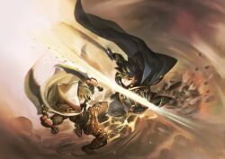  2boys battle belt black_cape black_cloak black_hair black_pants black_shirt blurry blurry_edges boots brown_belt brown_boots brown_pants cape cloak closed_mouth commentary dagger debris dual_wielding dust fantasy fingerless_gloves from_side full_body gloves grey_eyes highres holding holding_dagger holding_knife holding_shield holding_sword holding_weapon hood hood_down hood_up hooded_cape hooded_cloak jun_(navigavi) knife leaning_back light_particles long_sleeves looking_at_viewer male_focus motion_lines multiple_boys orange_gloves original outdoors pants shield shirt short_hair sword teeth vambraces weapon yellow_cape yellow_cloak yellow_eyes 
