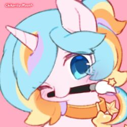  animal animal_focus artist_name blonde_hair blue_eyes blush collar commentary earrings english_commentary holding horns jewelry looking_at_viewer mew_mew_chikorita_moon mouth_hold multicolored_hair my_little_pony my_little_pony:_friendship_is_magic no_humans one_eye_closed original pink_background portrait simple_background solo star_(symbol) unicorn 