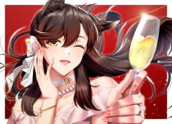  1girl alternate_costume animal_ear_fluff animal_ears artist_name atago_(azur_lane) azur_lane black_hair bow bracelet champagne_flute commentary_request cup dog_ears dog_girl drinking_glass hair_bow holding holding_cup jewelry kagiyama_(clave) long_hair looking_at_viewer mole mole_under_eye nail_polish necklace open_mouth pearl_necklace red_background red_nails ring solo textless_version upper_body white_bow yellow_eyes 