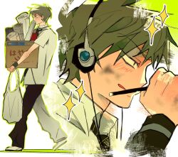  1boy aioi_saki alien_stage bag black_pants box collared_shirt commentary grey_hair headphones highres holding holding_box holding_pencil male_focus multiple_views pants pencil rolled-up_paper school_uniform shirt shopping_bag short_hair sparkle till_(alien_stage) very_short_hair white_shirt wristband 