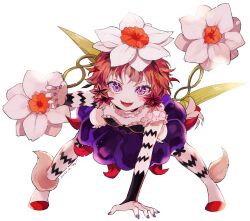  1girl fang flower forest_musician_cranberry_gaiden:_magical_girl_raising_project_unripe_duet fukuroi_marika hair_ornament highres leaf_hair_ornament looking_at_viewer magical_girl mahou_shoujo_ikusei_keikaku maruino official_art open_mouth orange_hair short_hair smile third-party_source violet_eyes white_background white_flower 