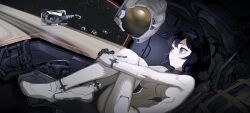  1girl black_hair blue_eyes breasts closed_mouth floating_liquid helmet highres hugging_own_legs mikan_lemon original short_hair solo space space_helmet unworn_headwear unworn_helmet zero_gravity 