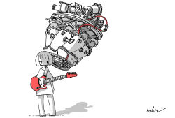  1girl absurdres arms_at_sides barefoot commentary electric_guitar engine greyscale guitar guitar_strap heart_(organ) highres instrument kaduise looking_at_viewer monochrome original oversized_clothes oversized_shirt shadow shirt short_hair signature spot_color standing 