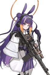  1girl absurdres adapted_costume alternate_costume assault_rifle backpack bag blue_eyes blunt_bangs bulletproof_vest chrispy_tuna closed_mouth coat commentary double_bun english_commentary finger_on_trigger gloves gradient_hair gun hair_bun halo headset highres holding holding_gun holding_weapon hololive hololive_english light_smile load-bearing_vest long_hair looking_at_viewer military_operator miniskirt mole mole_under_eye multicolored_hair ninomae_ina'nis ninomae_ina'nis_(ina_the_hero) orange_hair pantyhose pleated_skirt purple_gloves purple_hair purple_skirt rifle side_up_bun sidelocks skirt solo tactical_clothes tentacle_hair two_side_up very_long_hair virtual_youtuber weapon weapon_request white_coat white_pantyhose 