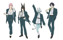  1boy 3girls absurdres alternate_costume animal_ear_fluff animal_ears asaba_harumasa black_hair black_jacket black_pants black_suit closed_mouth commentary expressionless fox_ears fox_girl full_body hair_between_eyes hand_in_pocket hhhye_tw highres holding holding_removed_eyewear horns hoshimi_miyabi jacket jewelry long_hair looking_at_viewer multiple_girls necklace necktie one_eye_closed oni open_mouth pants parted_bangs pink_hair pointy_ears red_eyes shirt short_hair sidelocks simple_background smile soukaku_(zenless_zone_zero) standing suit tail tsukishiro_yanagi untranslatable_commentary unworn_eyewear white_background white_hair white_shirt yellow_eyes zenless_zone_zero 