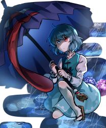  1girl absurdres artist_name blue_eyes blue_hair blue_skirt blue_vest chirooo92084 commentary flower geta heterochromia highres holding holding_umbrella hydrangea juliet_sleeves karakasa_obake kneeling long_sleeves looking_at_viewer mismatched_sclera puffy_sleeves rain red_eyes sandals short_hair skirt solo tatara_kogasa tongue touhou umbrella untranslatable_commentary vest zouri 
