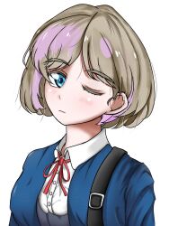 1girl bag blonde_hair blue_eyes blue_shirt closed_mouth collar glowing gokeng_(iamgokengz_) grey_hair half-closed_eyes highres layered_hair looking_at_viewer love_live! love_live!_superstar!! red_rope rope school_uniform shiny_eyes shirt short_hair tang_keke uniform white_background