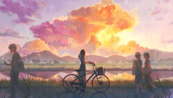  1boy 3girls bag bicycle black_hair clouds cloudy_sky colorful colorful_clouds commentary_request cumulonimbus_cloud dress evening faceless faceless_female faceless_male facing_away grass grey_dress harucoro25 highres hill landscape long_hair long_sleeves looking_to_the_side mountainous_horizon multiple_girls official_art original outdoors pinafore_dress ponytail pushing_bicycle reflection reflective_liquid river rural scenery shirt short_hair shoulder_bag sky sky_focus sleeveless sleeveless_dress straight_hair sunset walking water white_shirt 