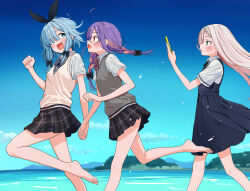  3girls :d absurdres aqua_eyes bare_legs barefoot beach black_bow black_bowtie black_dress black_hairband black_skirt blue_hair blue_sky blush bow bow_hairband bowtie braid braided_twintails bright_pupils cellphone clear_sky clenched_hand clouds collared_shirt commentary_request day dress eyes_visible_through_hair from_side green_eyes grey_sweater_vest hair_bow hair_over_one_eye hairband hand_up highres holding holding_hands holding_phone iroha_nanairo_(urushiushiru) long_bangs long_hair looking_at_another looking_back low-tied_sidelocks makuno_suzu_(urushiushiru) miniskirt multicolored_hair multiple_girls ocean open_mouth original otoo_kanade_(urushiushiru) outdoors parted_bangs phone pinafore_dress pink_hair pink_streaks plaid_clothes pleated_dress pleated_skirt profile purple_hair red_bow red_bowtie red_eyes running school_uniform shirt short_hair_with_long_locks short_sleeves sidelocks skirt sky sleeveless sleeveless_dress slice_of_life smartphone smile straight_hair streaked_hair striped_bow striped_bowtie striped_clothes sweater_vest turning_head urushiushiru walking white_pupils white_shirt yellow_sweater_vest 