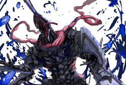  abs armor blood blood_on_body blood_on_face blood_on_weapon blood_splatter blue_blood chainsaw chainsaw_devil chainsaw_man colored_blood demon demon_horns extra_arms gigan_(gigan1024896) highres horns intestine_clothing long_tongue multiple_weapons open_mouth saliva sharp_teeth spiked_armor spikes teeth tongue tongue_out weapon white_background 