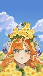  1girl :o absurdres bare_shoulders bird blue_sky blurry blurry_background blurry_foreground blush braid clouds cloudy_sky collar commentary_request day depth_of_field flower gamyoru green_eyes hair_flower hair_ornament head_wreath highres leaf long_hair looking_up on_head orange_hair outdoors parted_lips pointy_ears raised_eyebrows sigrika_(wuthering_waves) sky solo white_collar wuthering_waves yellow_flower 