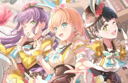  3girls :d ;) ;d absurdres alt_text animal_ear_headwear animal_ears aqua_eyes beret black_corset black_hair blue_bow blue_bowtie blue_thighhighs blush bow bowtie braid breasts brown_hat cerise_bouquet citrusmikan commentary_request corset fake_animal_ears floppy_ears flower fushigi_to_kimi_to_library gloves green_eyes hair_flower hair_ornament hat hat_flower highres hinoshita_kaho indoors juliet_sleeves long_hair long_sleeves looking_at_viewer lop_rabbit_ears love_live! love_live!_hasu_no_sora_jogakuin_school_idol_club low_twin_braids medium_breasts momose_ginko multiple_girls offering_hand one_eye_closed open_mouth orange_hair otomune_kozue outstretched_arm pink_flower puffy_sleeves purple_hair rabbit_button rabbit_ear_headwear rabbit_ears shirt side_braids sleeveless sleeveless_shirt smile striped_bow striped_bowtie striped_clothes thigh-highs translation_request twin_braids two_side_up underbust upper_body virtual_youtuber white_gloves white_shirt 